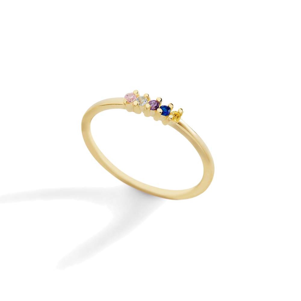 A gold band ring with multiple colorful gemstones set in a row, representing a personalized birthstones ring.
