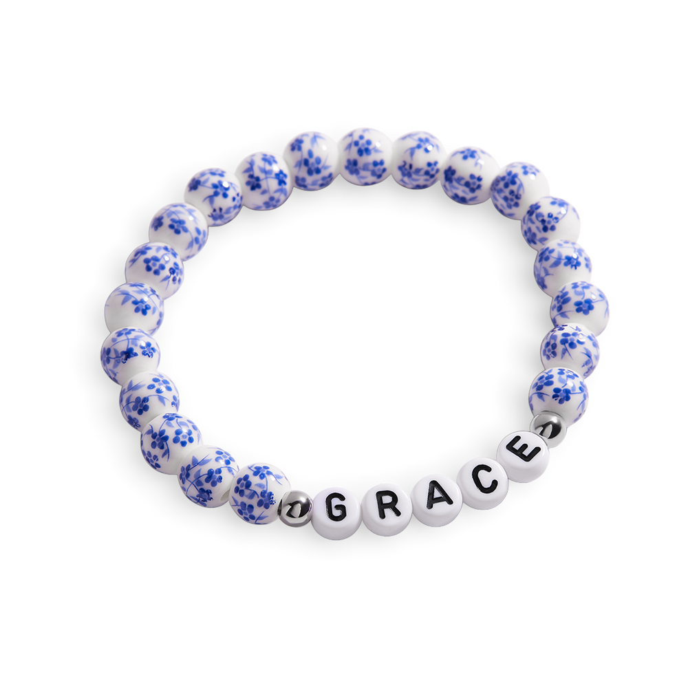 Custom Name Blue Porcelain Floral Beaded Bracelet - Silver / Small - 6.5"