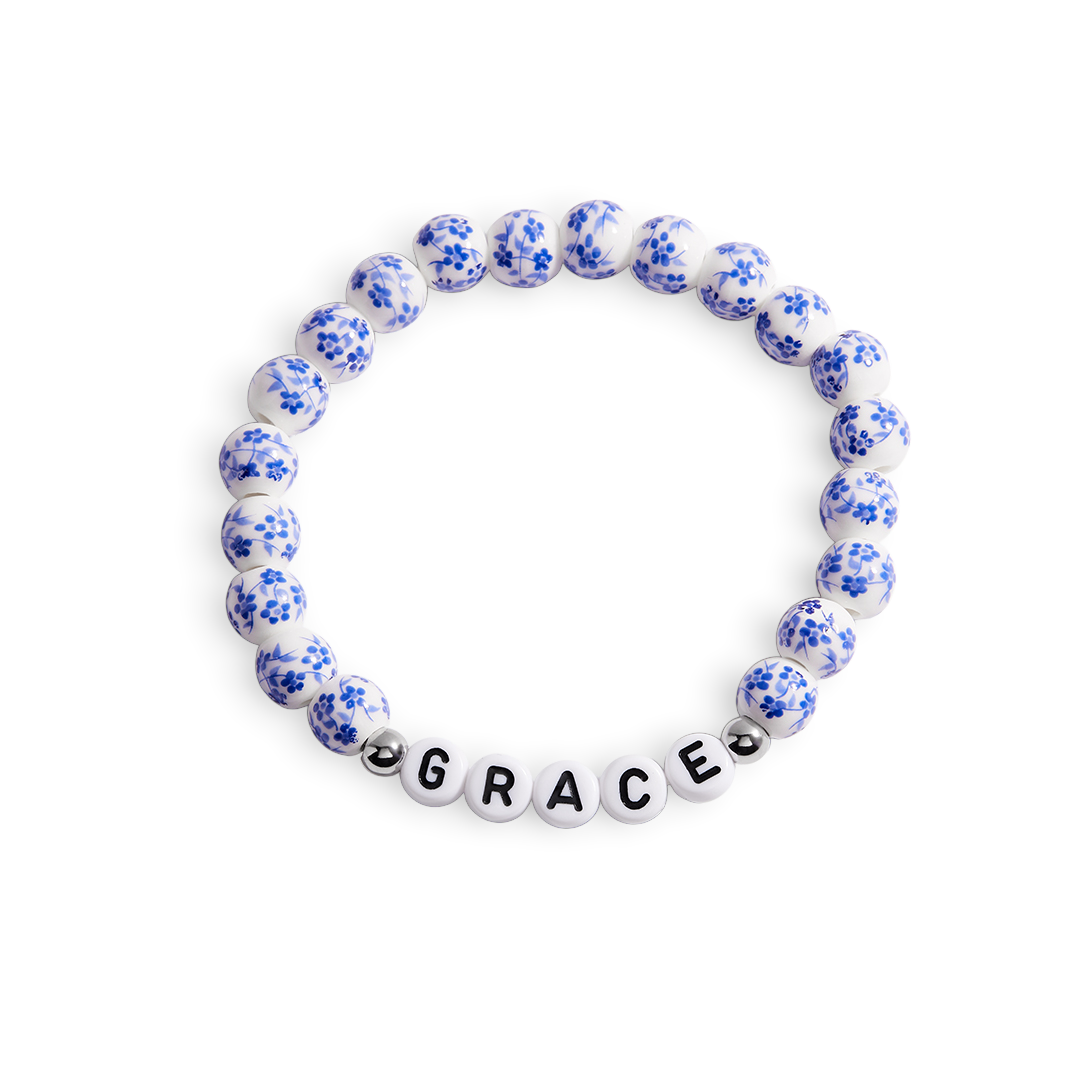Custom Name Blue Porcelain Floral Beaded Bracelet