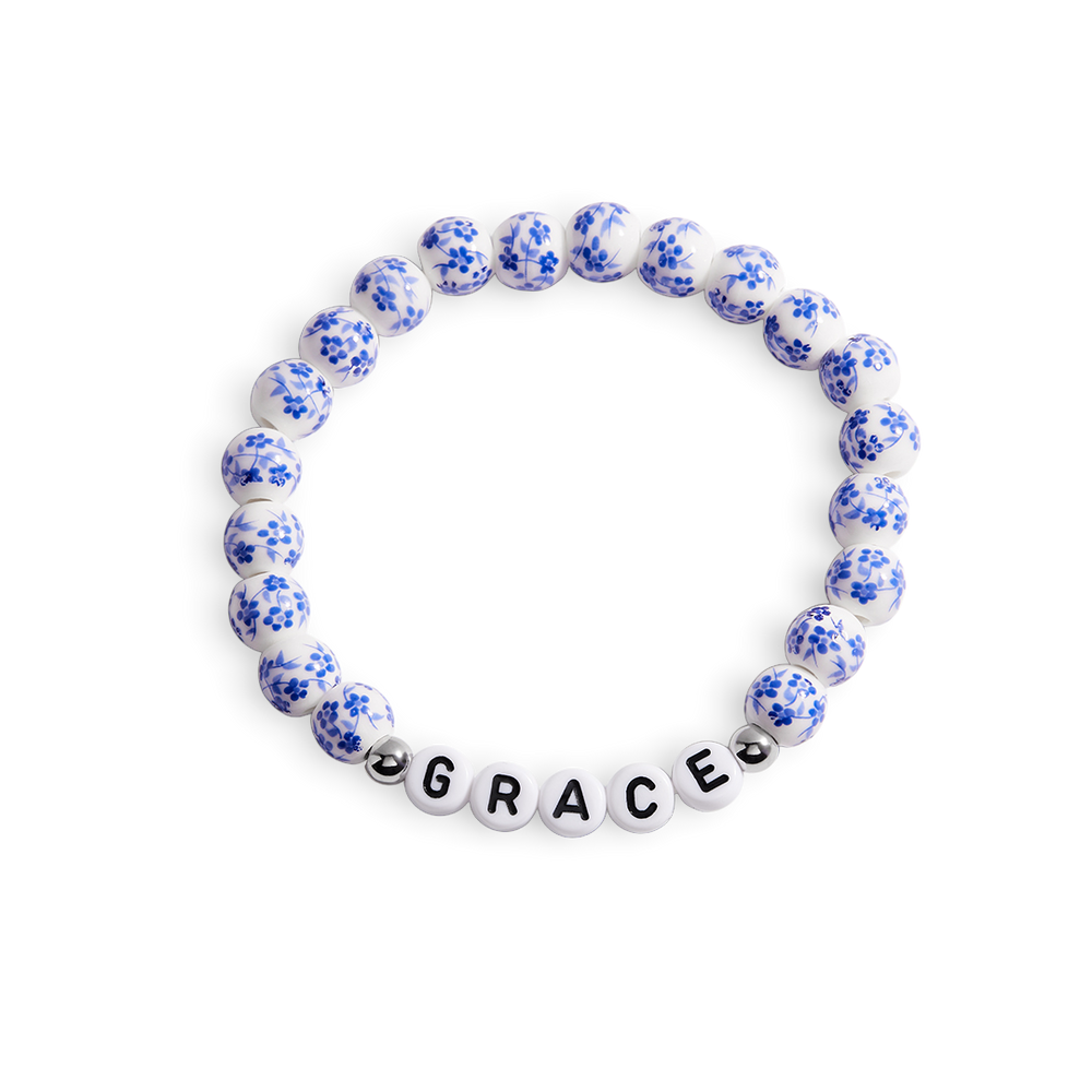 Custom Name Blue Porcelain Floral Beaded Bracelet - Silver / Small - 6.5"