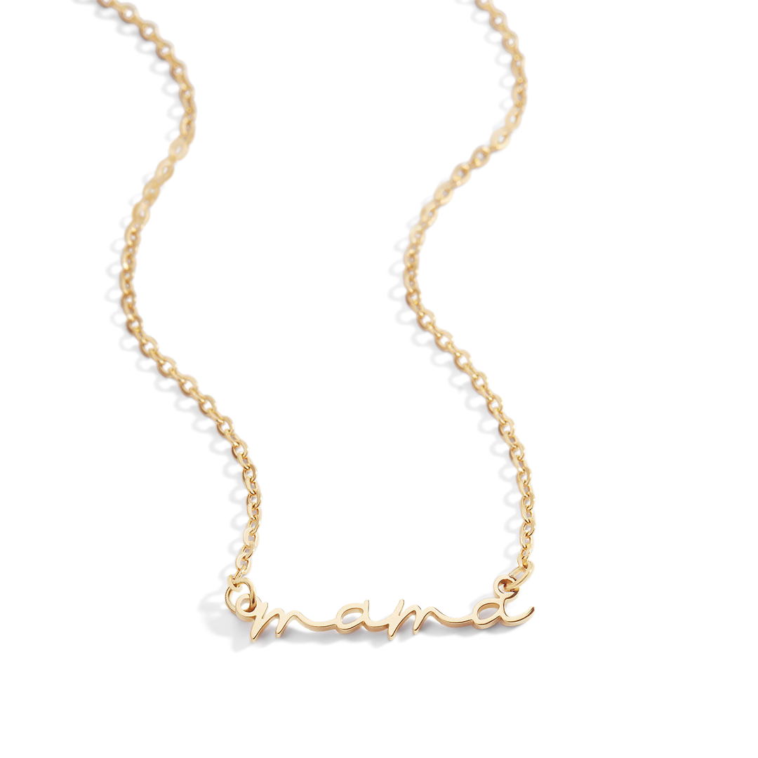 A dainty mama necklace with a two-tone design featuring a gold-colored nameplate and a cable chain.