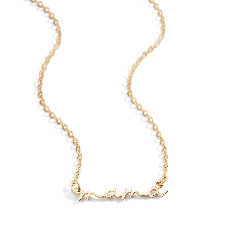 A dainty mama necklace with a two-tone design featuring a gold-colored nameplate and a cable chain.