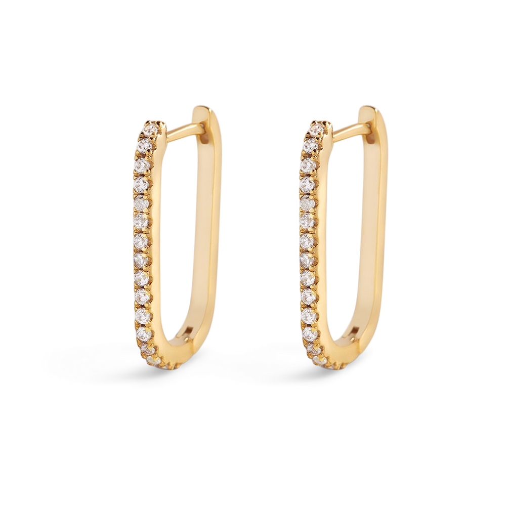 A pair of gold vermeil hoop earrings with pave cubic zirconia stones, displayed against a black background.