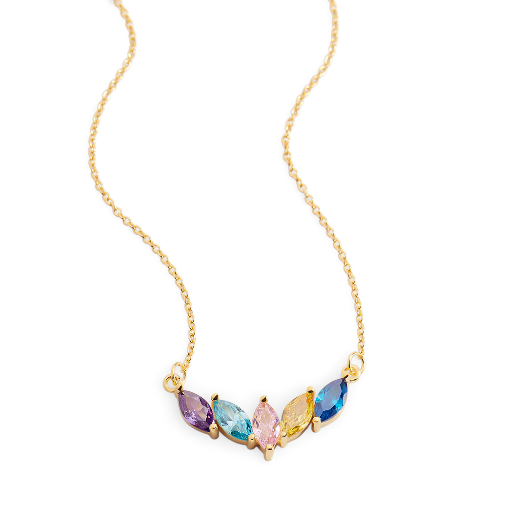 Gold necklace with multicolored gemstones on a white background