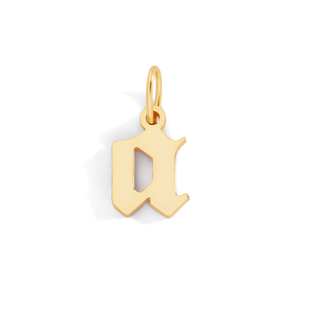 Gold letter 'a' pendant on a light gray background
