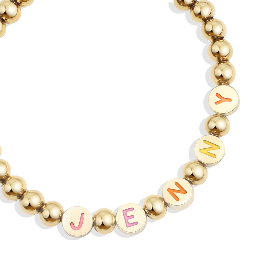 Custom Rainbow Letter Gold Disc Bead Bracelet – Mint & Lily