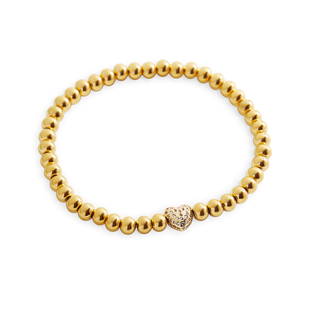 Pave Heart Gold Beaded Bracelet