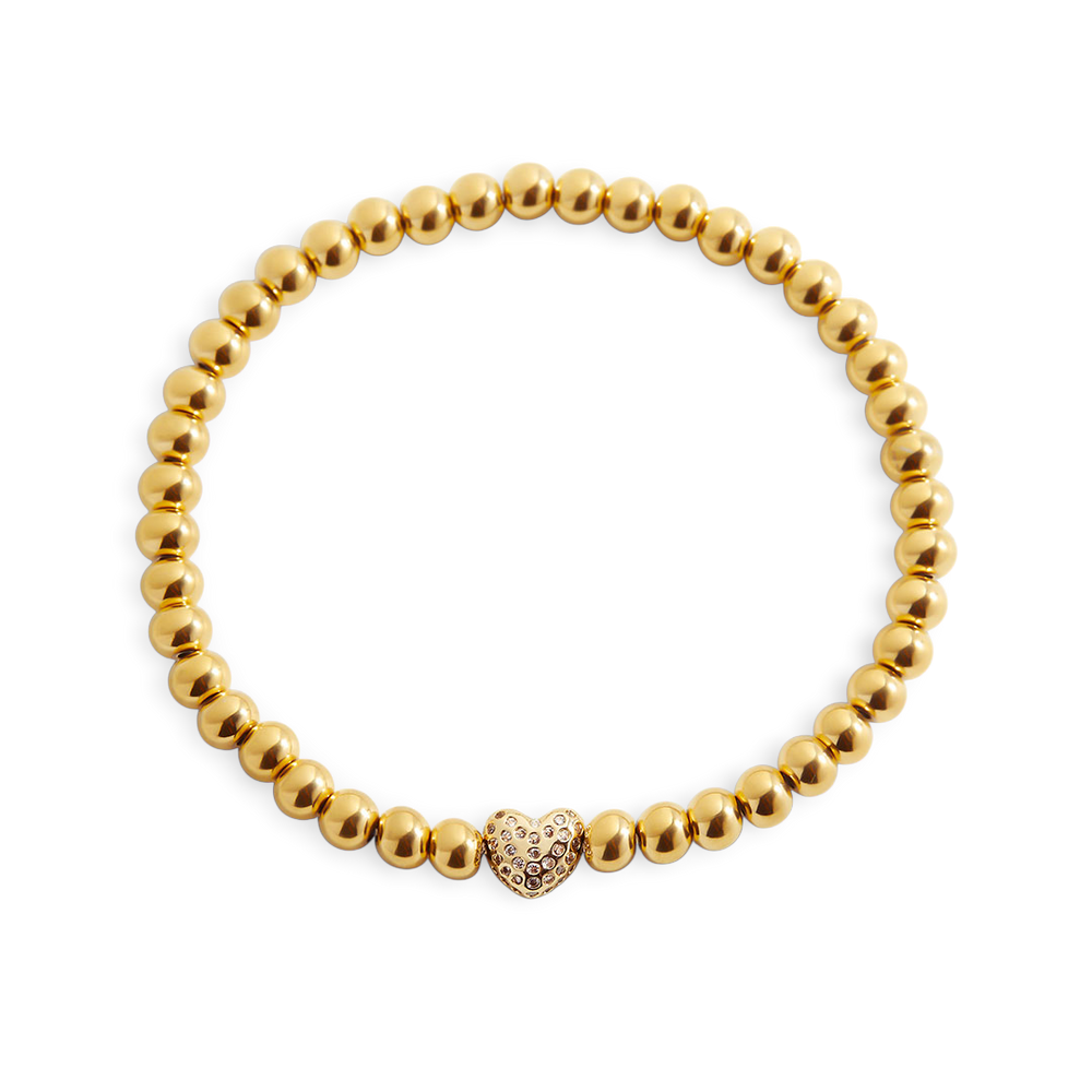 Pave Heart Gold Beaded Bracelet - 6.5"