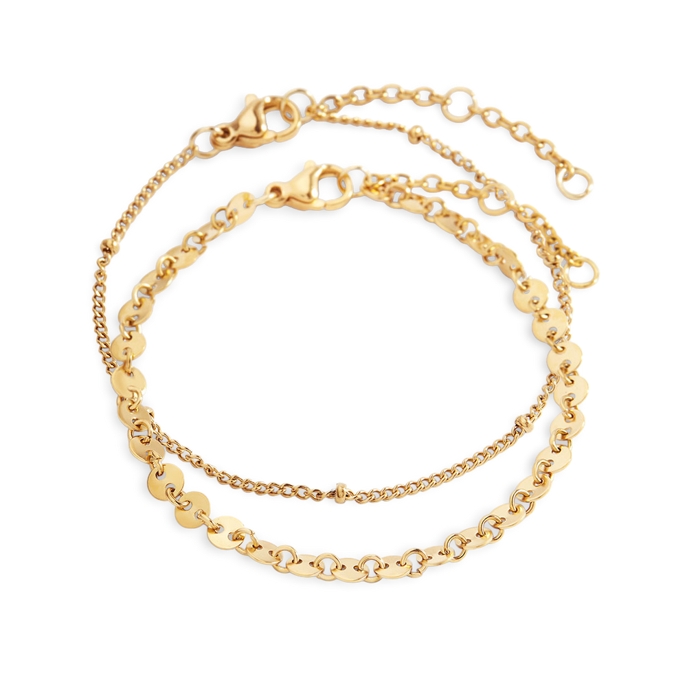 Two gold chain bracelets on a white background