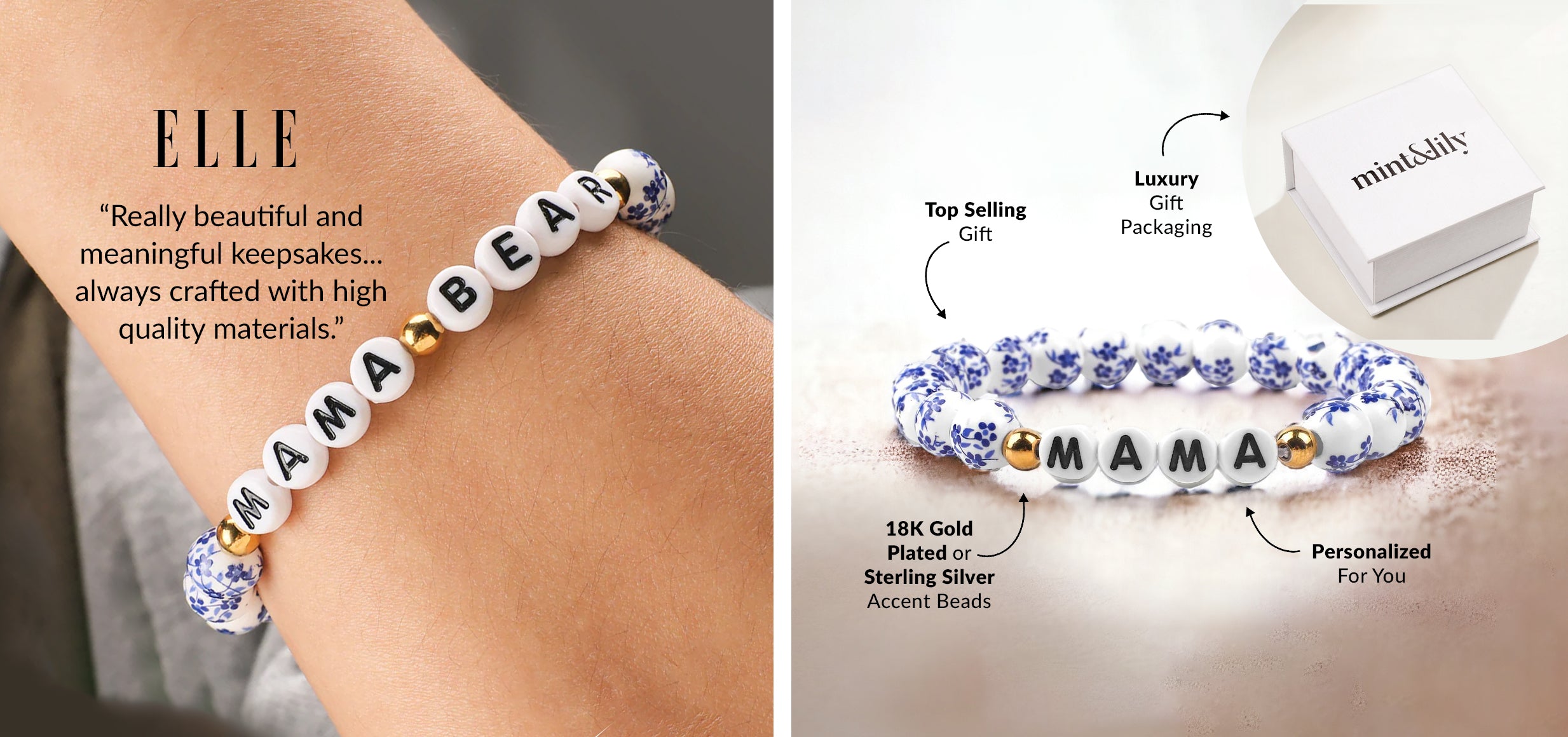 Custom Name Blue Porcelain Floral Beadeded Bracelet - Mint & Lily