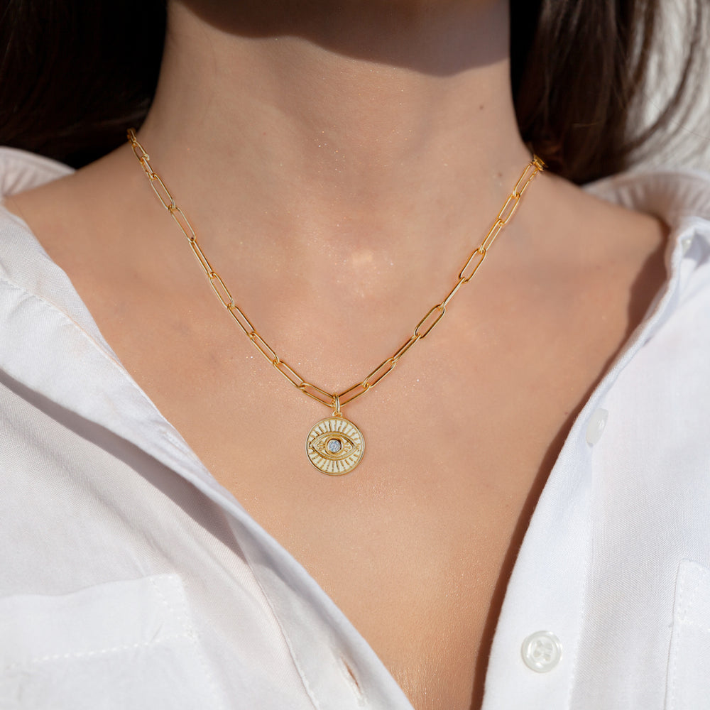 Evil Eye Coin Pendant Necklace with Paperclip Chain - 18k Gold Over Sterling Silver