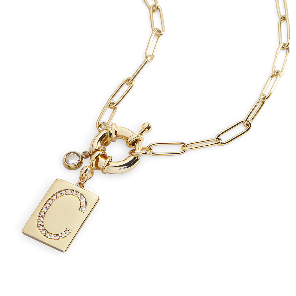 Pave Initial Pendant Necklace with Paperclip Chain - Gold / C / 18"