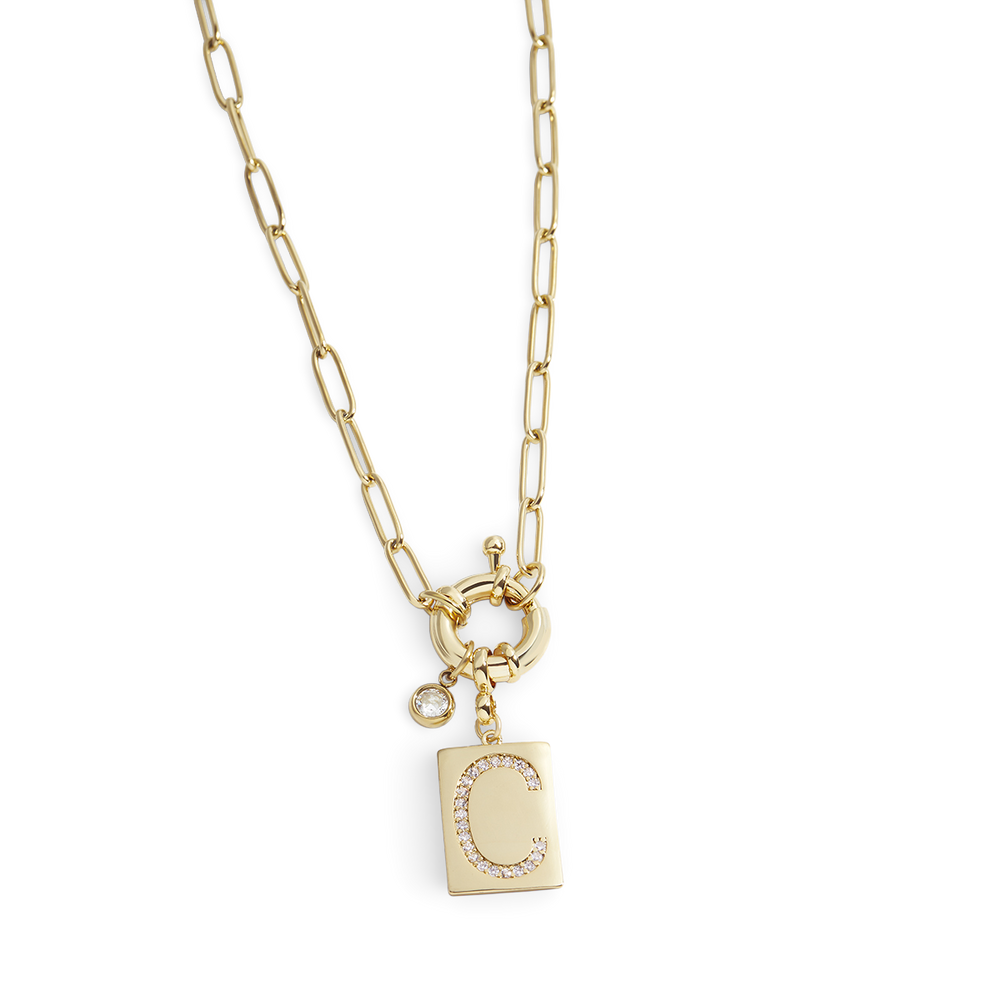 Pave Initial Pendant Necklace with Paperclip Chain - Gold / C / 18"