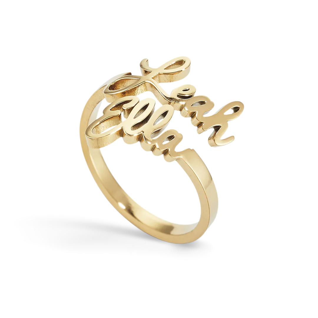 A gold-colored adjustable ring with the names 'Jane' and 'Ellie' customized on it.