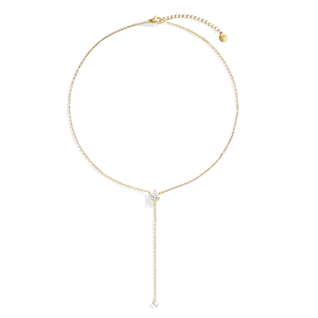 Gold necklace with two gemstone pendants on a white background