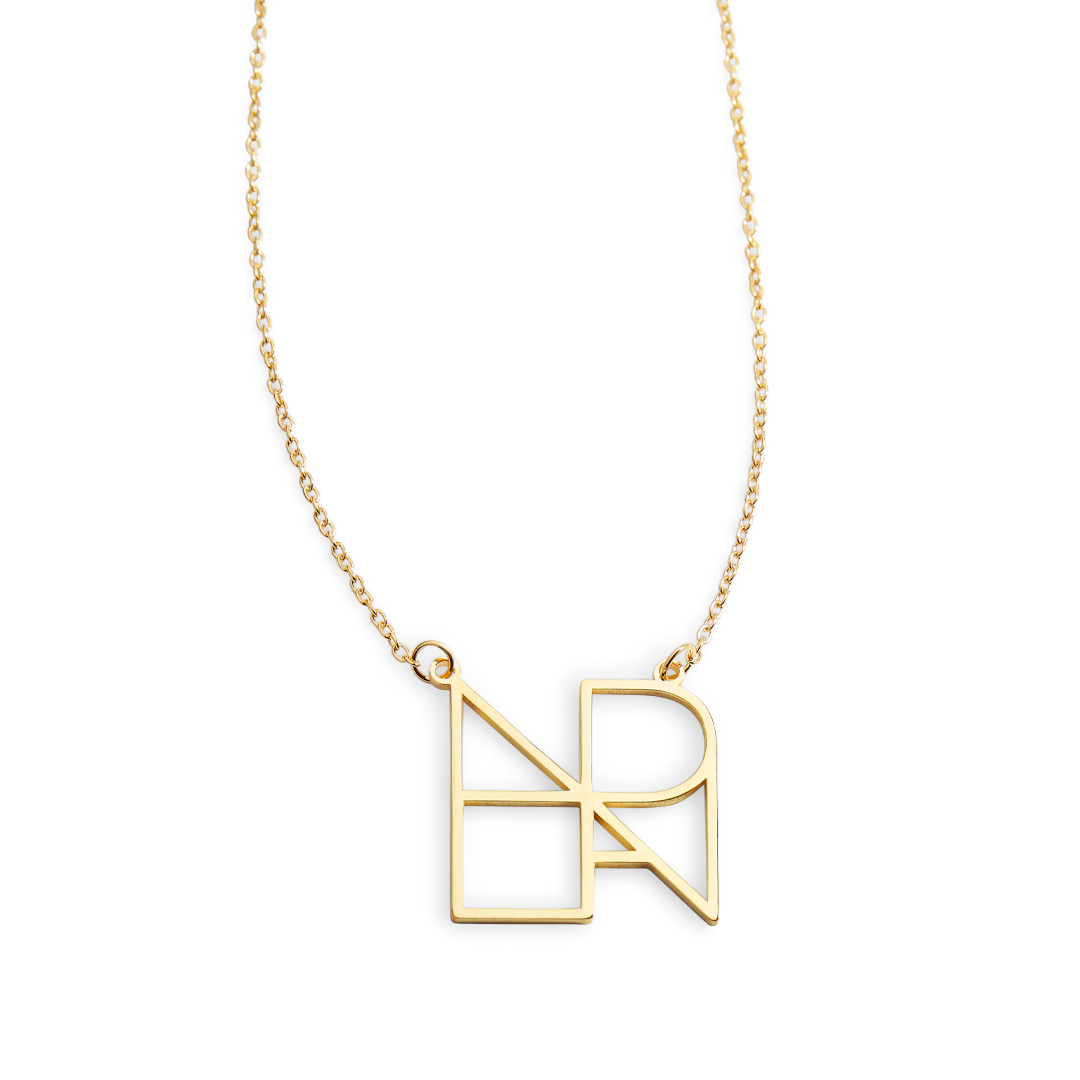 A gold-colored minimalist monogram name necklace featuring the letters 'H' and 'R'.