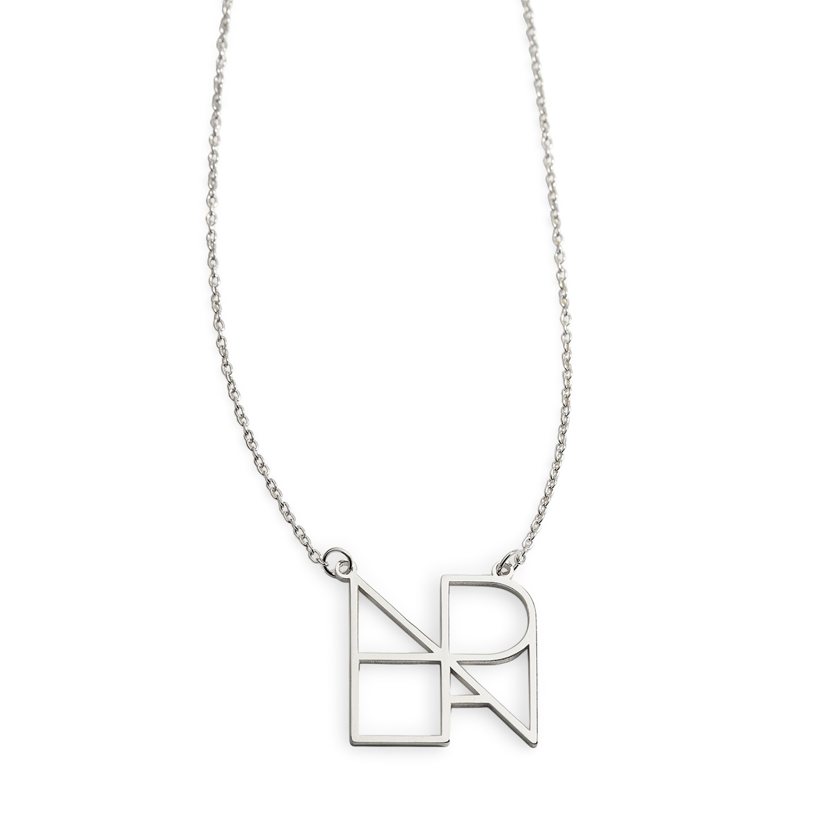 A gold-colored minimalist monogram name necklace featuring the letters 'H' and 'R'.