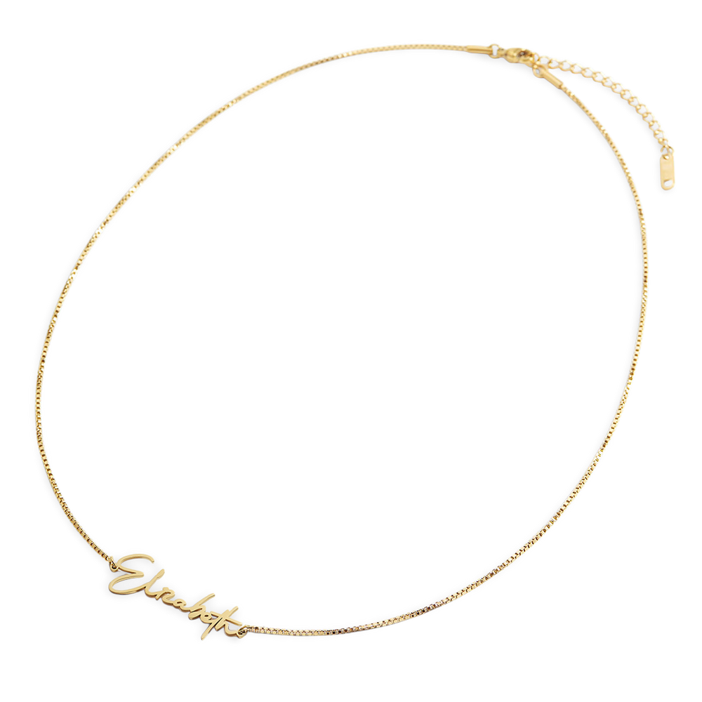 Gold necklace with 'Elizabeth' on a white background