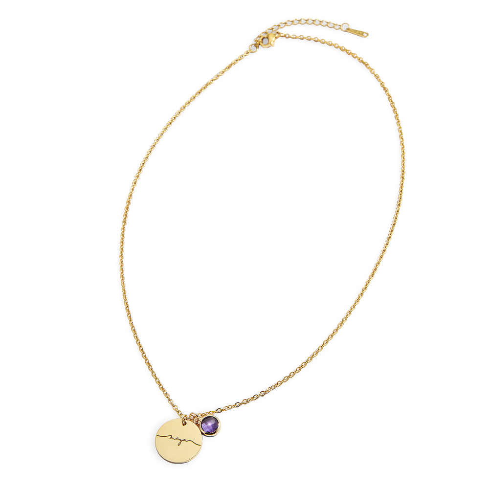 Monogram Script Birthstone Name Necklace - 18k Gold Plated / 17.5" + 2"