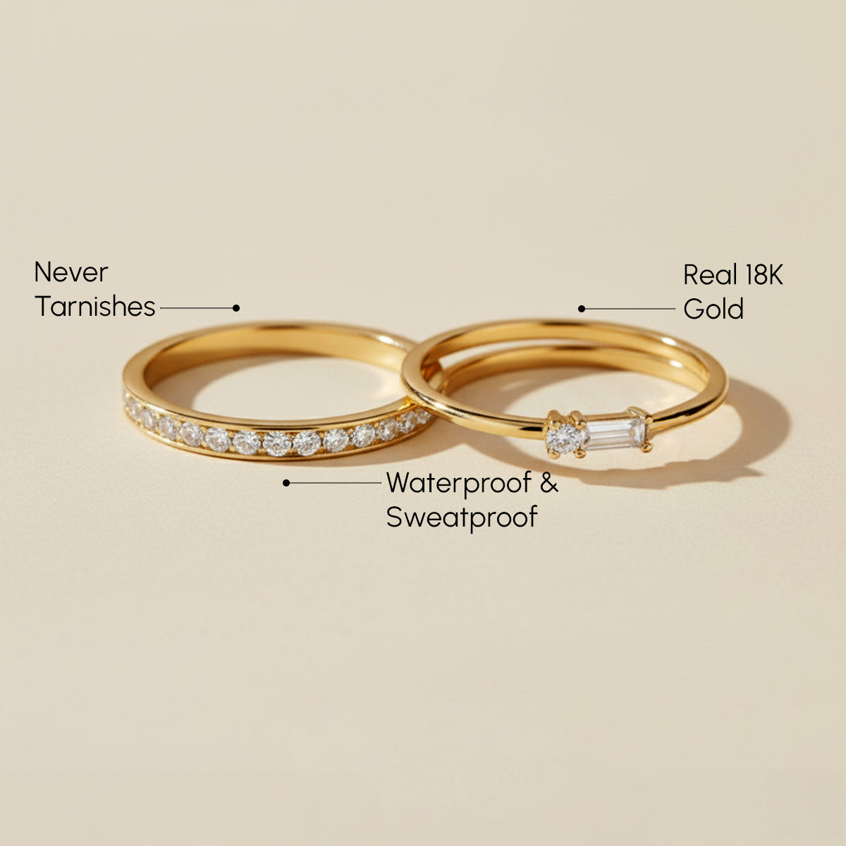 Two gold rings with diamond accents on a beige background, labeled for features.