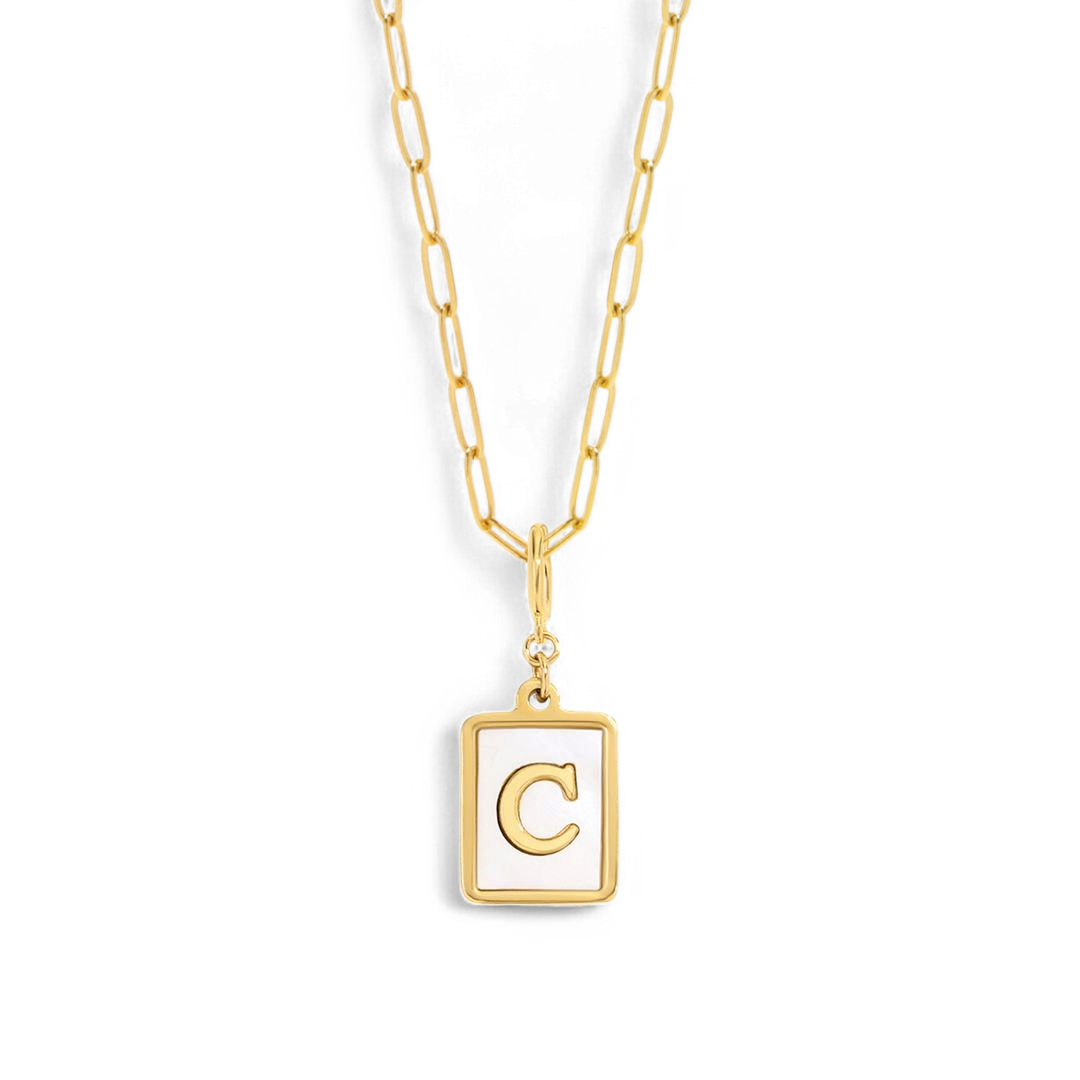 Mother of Pearl Initial Card Necklace | Paperclip Chain