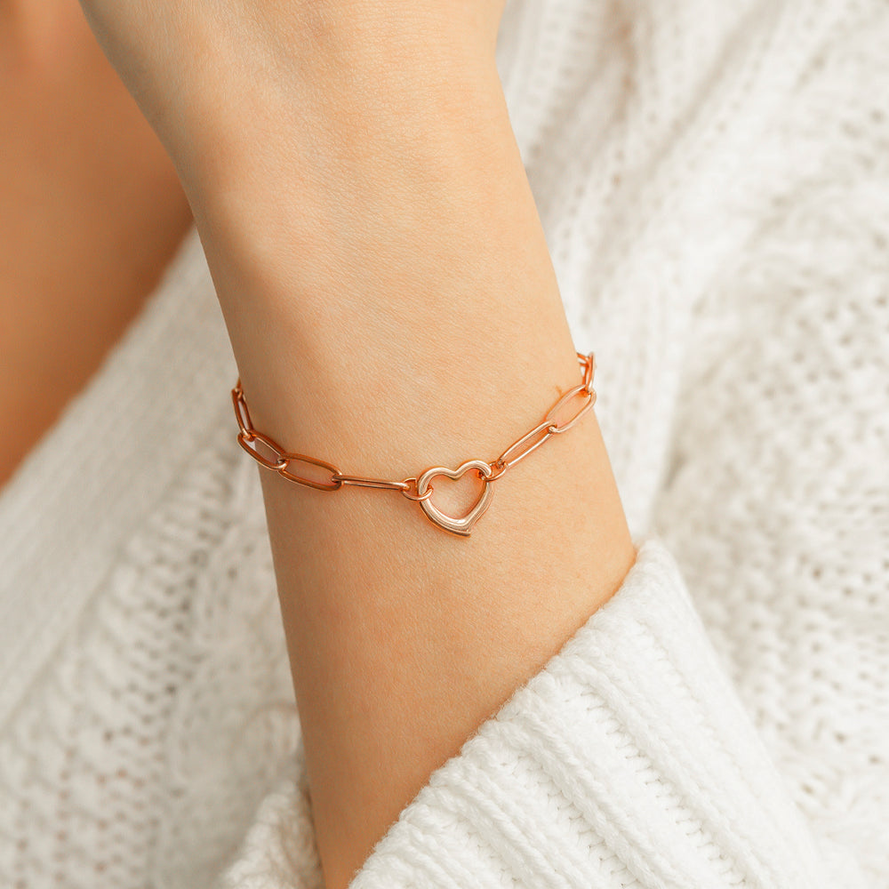 Open Heart Paperclip Chain Bracelet - 18k Rose Gold Plated