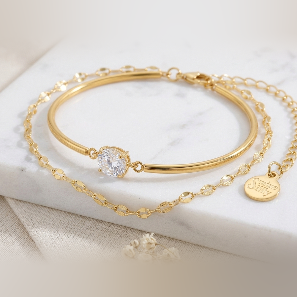 Oval Gemstone Cuff & Petal Chain Bracelet Stack - Gold / 6" + 2"