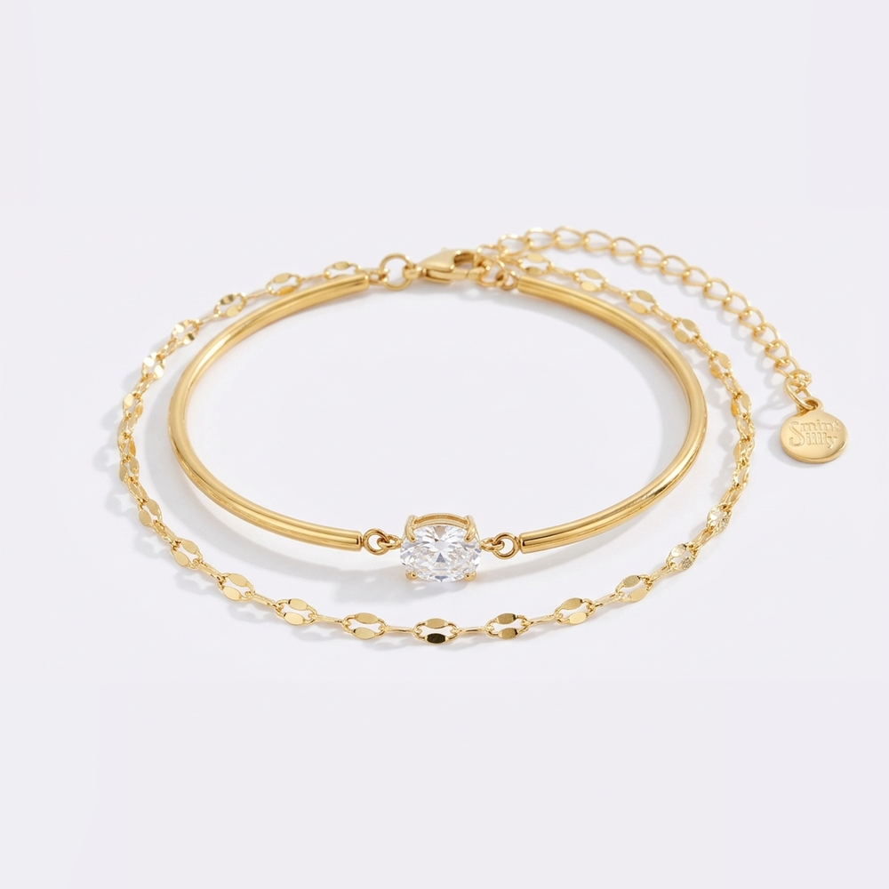 Oval Gemstone Cuff & Petal Chain Bracelet Stack - Gold / 6" + 2"
