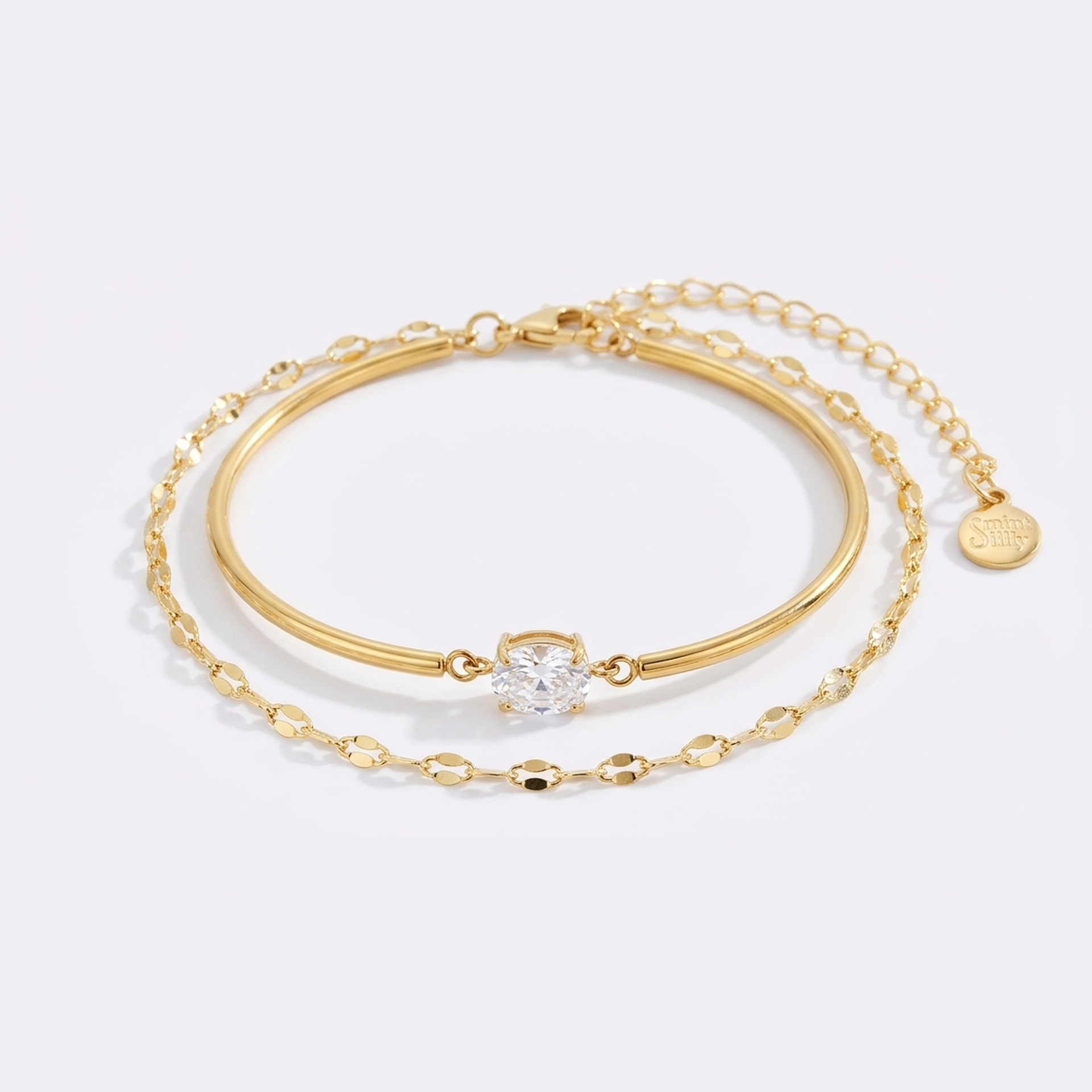 Oval Gemstone Cuff & Petal Chain Bracelet Stack – Mint & Lily