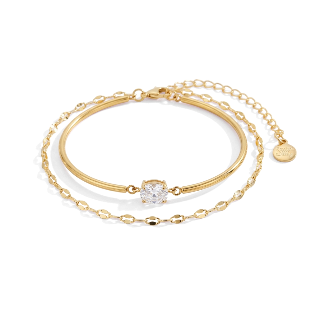 Oval Gemstone Cuff & Petal Chain Bracelet Stack - 18k Gold Plated / 6" + 2"