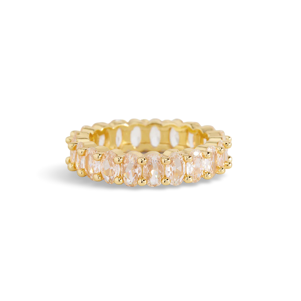 A gold-colored eternity ring with oval-shaped stones set around its entire circumference.