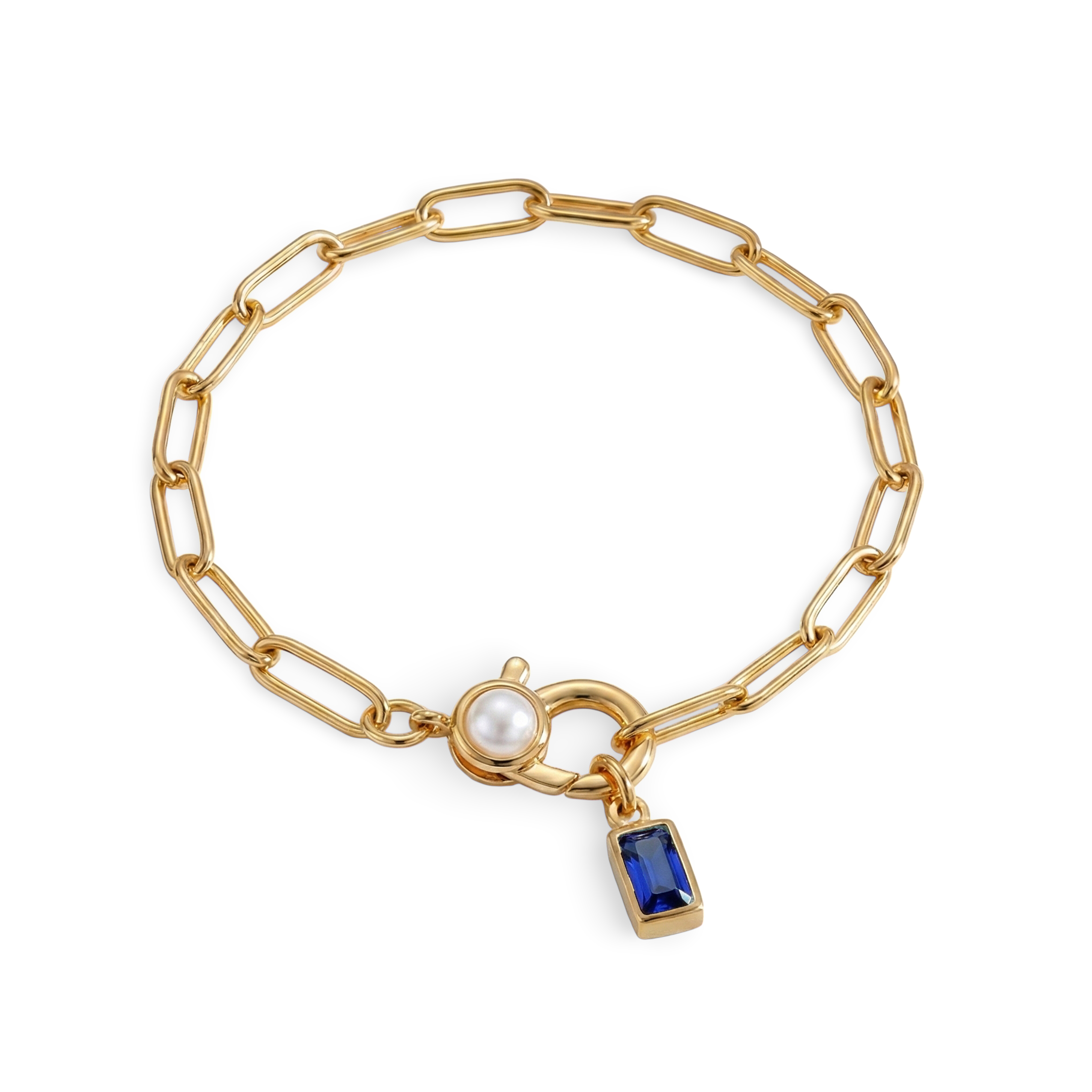 Paperclip Bracelet with Pearl Accent with Dainty Baguette Birthstone Charm