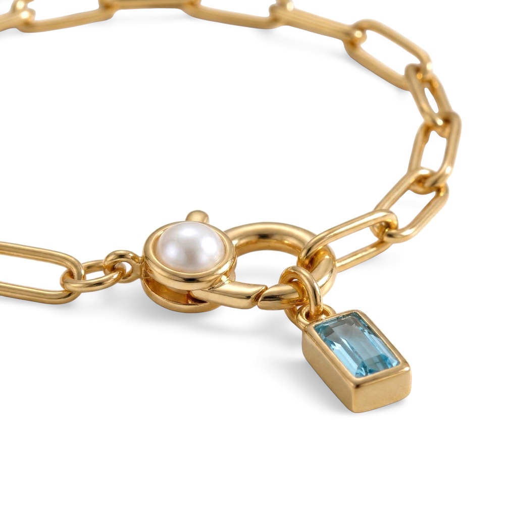 Paperclip Bracelet with Pearl Accent with Dainty Baguette Birthstone Charm - Gold / September Sapphire / 8"