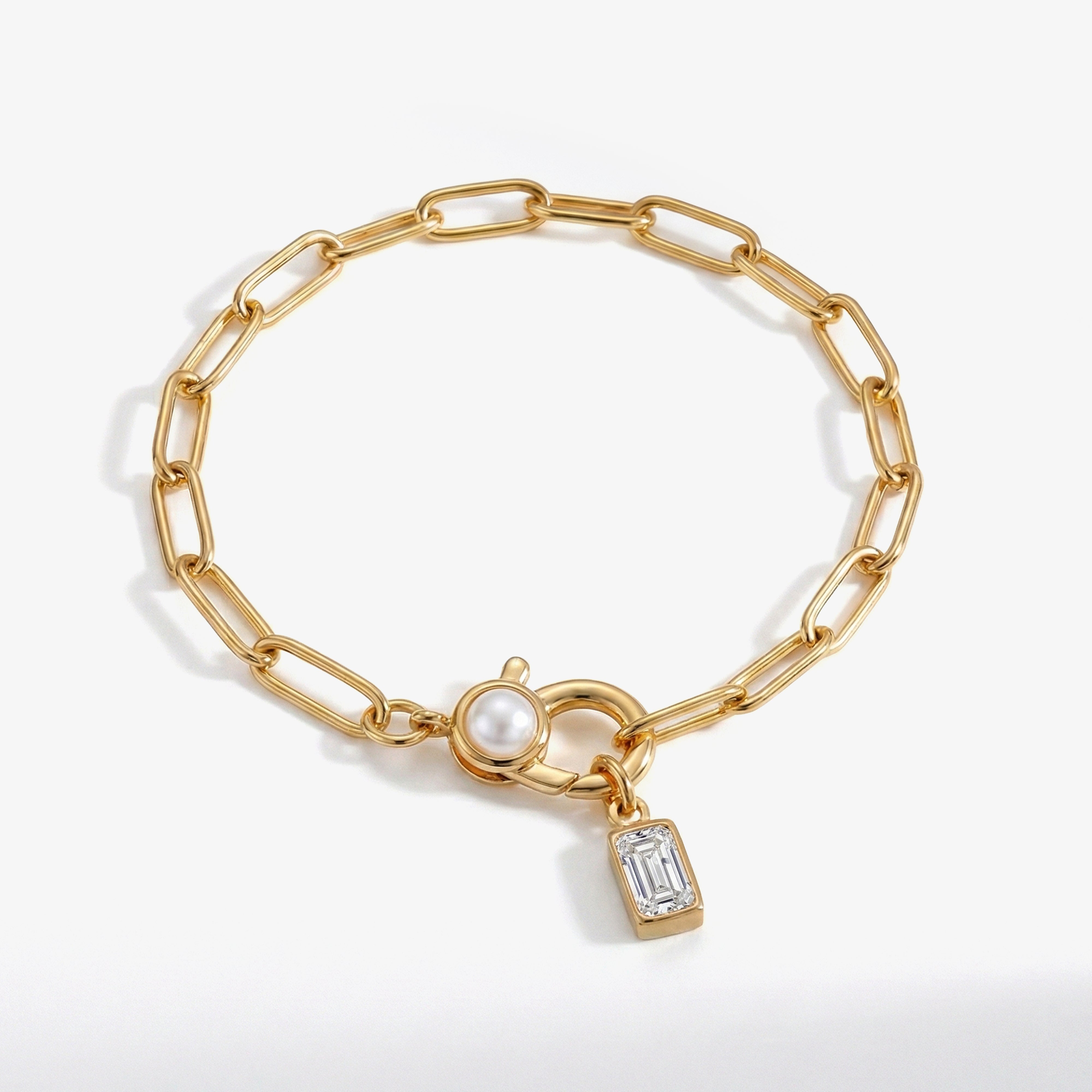 Paperclip Bracelet with Pearl Accent with Dainty Baguette