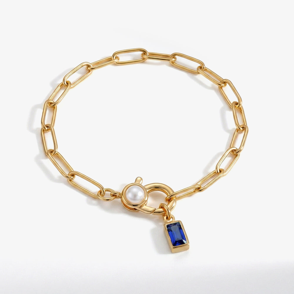 Paperclip Bracelet with Pearl Accent with Dainty Baguette Birthstone Charm - Gold / September Sapphire / 8"