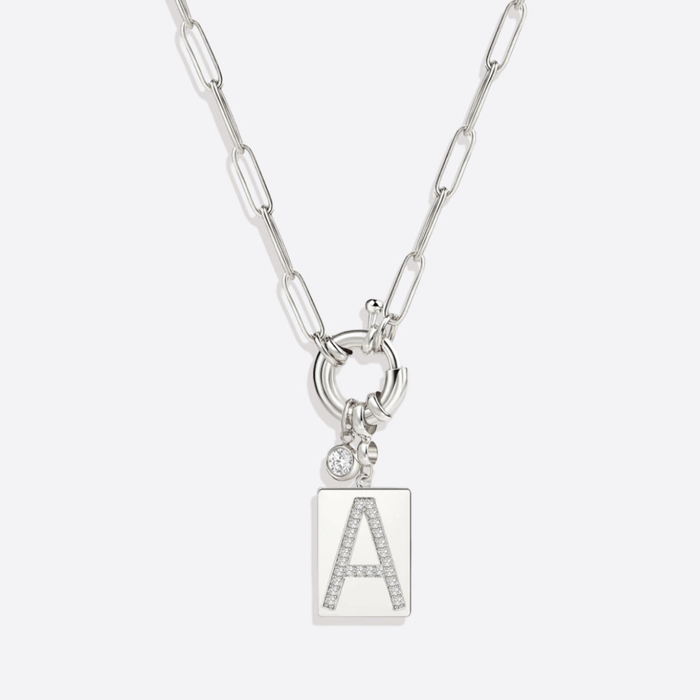 Pave Initial Pendant Necklace with Paperclip Chain - Silver / A / 18"