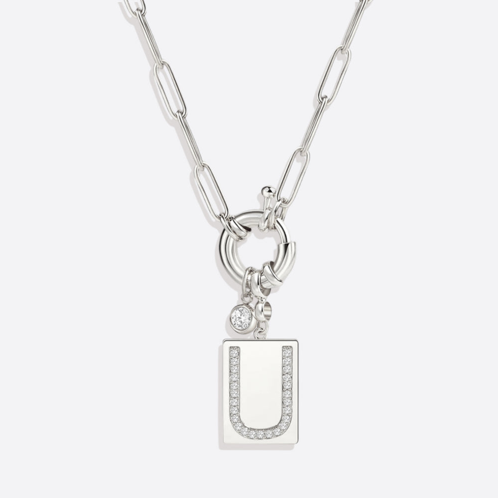 Collar con dije de pavé con inicial y cadena con clip - Silver / U / 18"