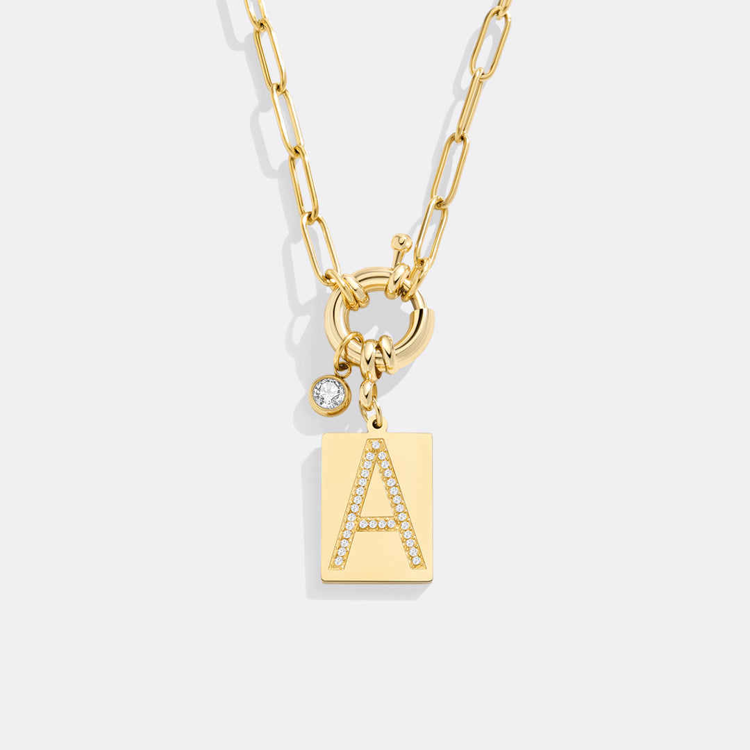 Pave Initial Pendant Necklace Paperclip Chain
