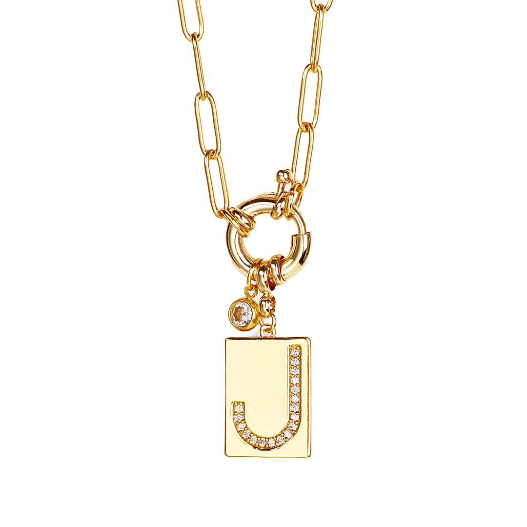 Pave Initial Pendant Necklace with Paperclip Chain Mint & Lily