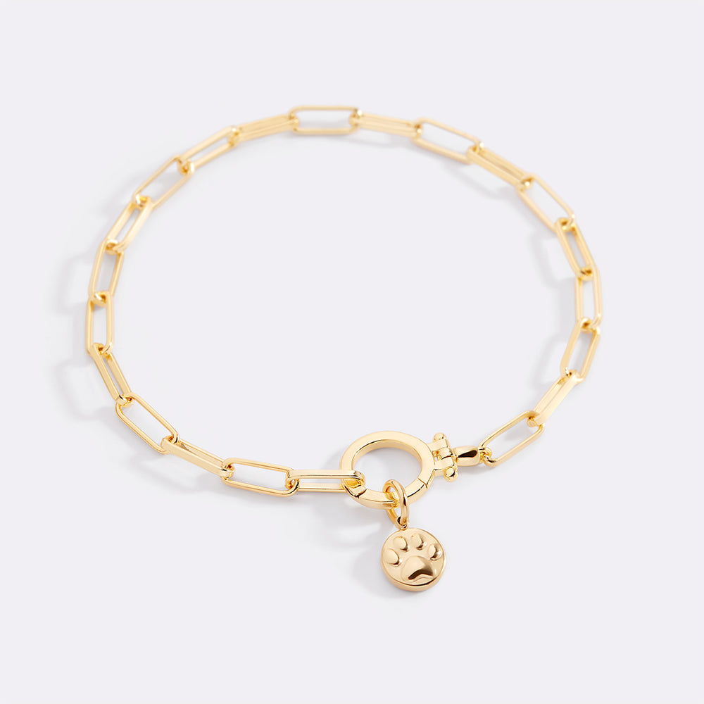 Gold bracelet with a paw print charm on a light gray background