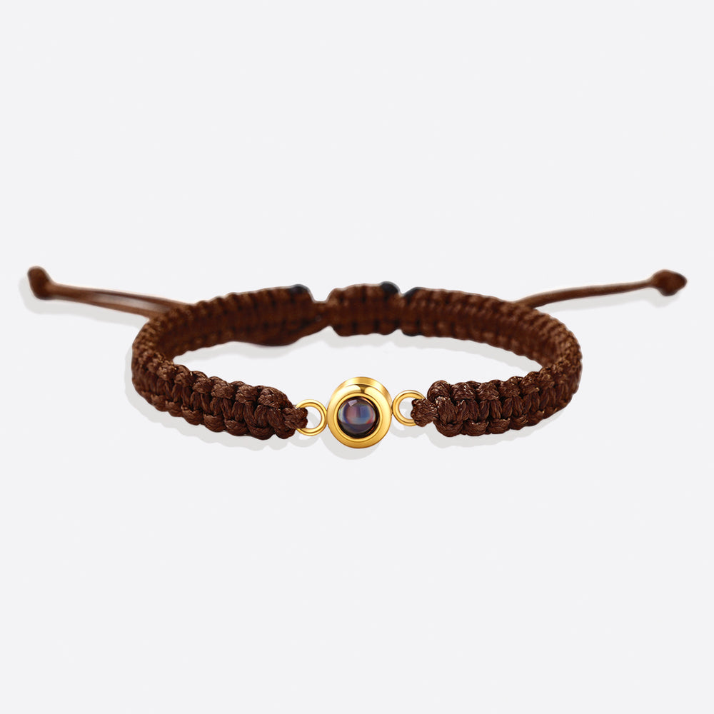 Personalized Braided Photo Bracelet - Espresso / Gold