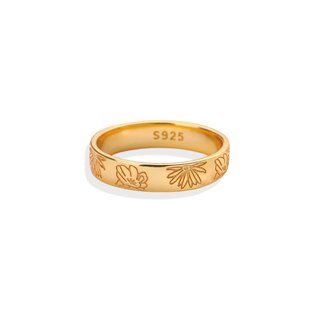 Personalized Stamped Flower Ring - 18k Gold Over Sterling Silver / 4