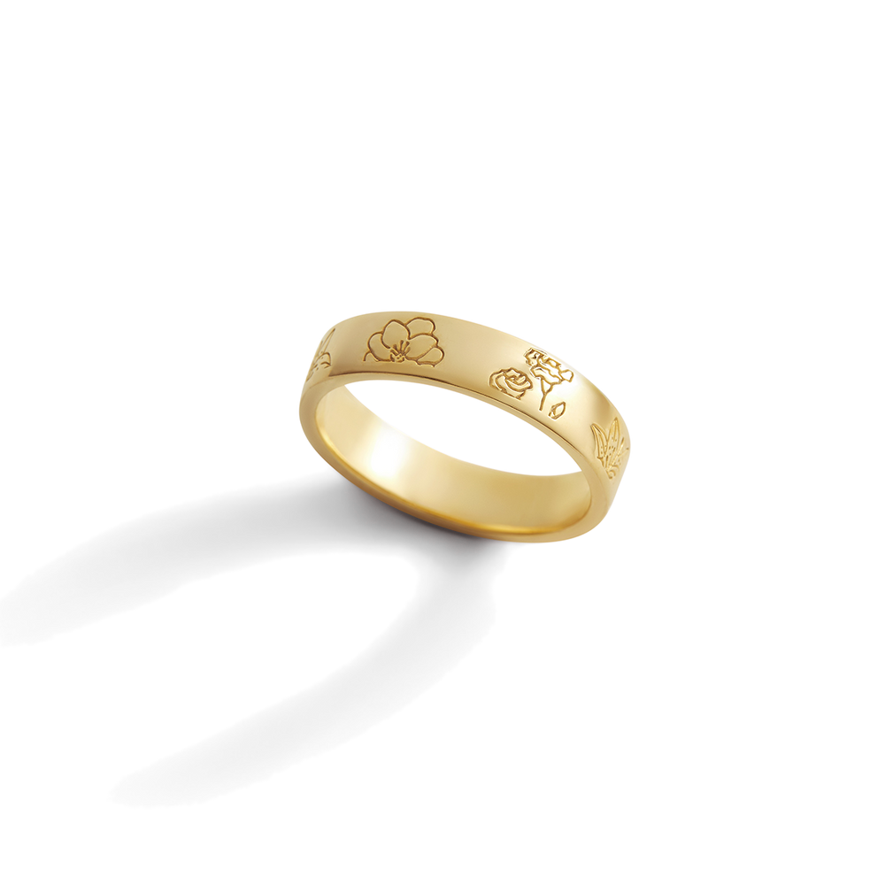 Personalized Stamped Flower Ring - 18k Gold Over Sterling Silver / 4