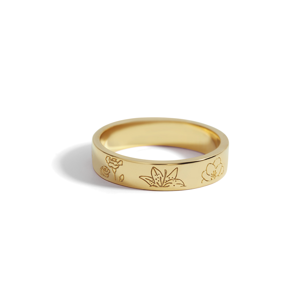Personalized Stamped Flower Ring - 18k Gold Over Sterling Silver / 4