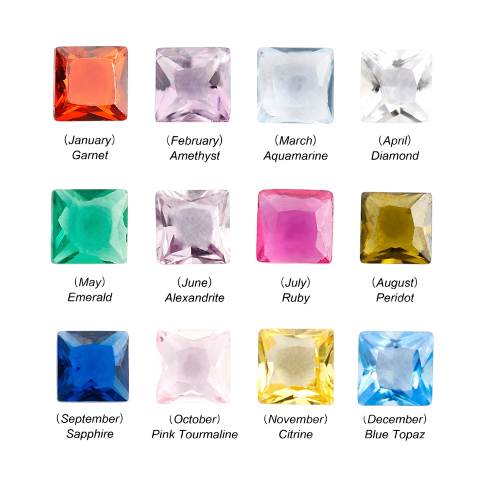 Collection of gemstones corresponding to each month's birthstone on a light gray background.