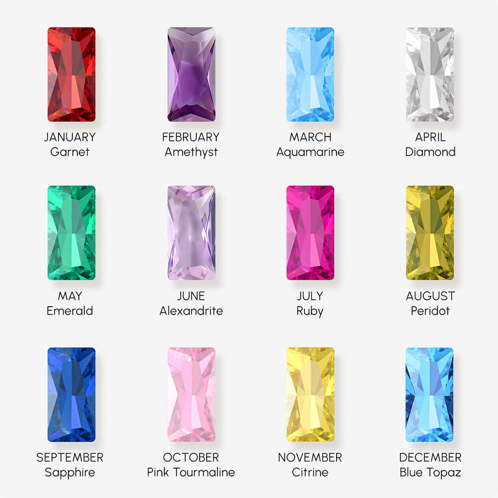 Illustration of gemstones corresponding to each month, with their names below.