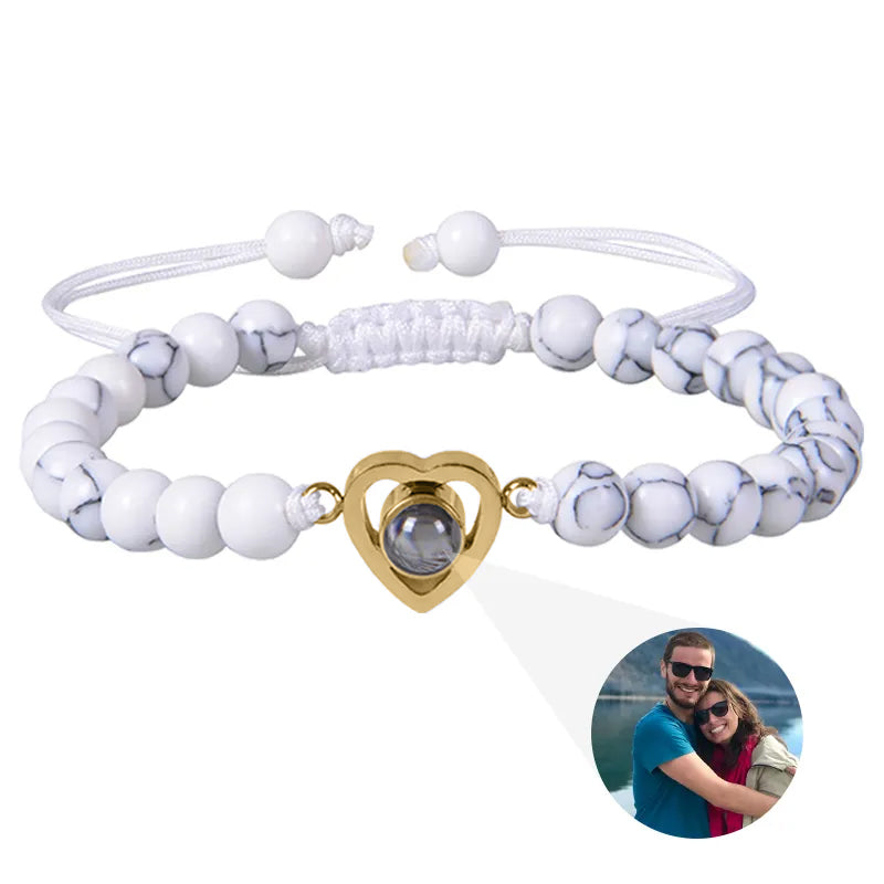 Beaded Heart Photo Bracelet - White Marble / Gold