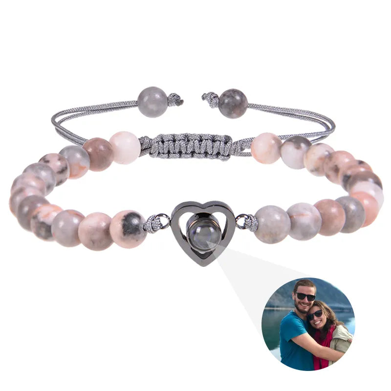 Beaded Heart Photo Bracelet - Rhodonite / Black