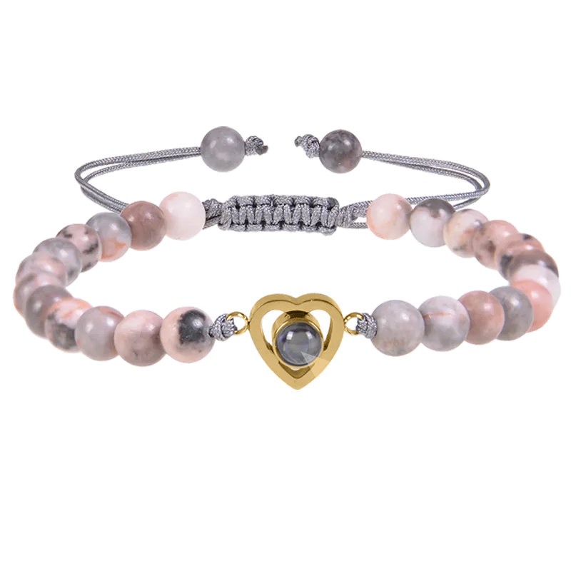 Beaded Heart Photo Bracelet - Rhodonite / Gold
