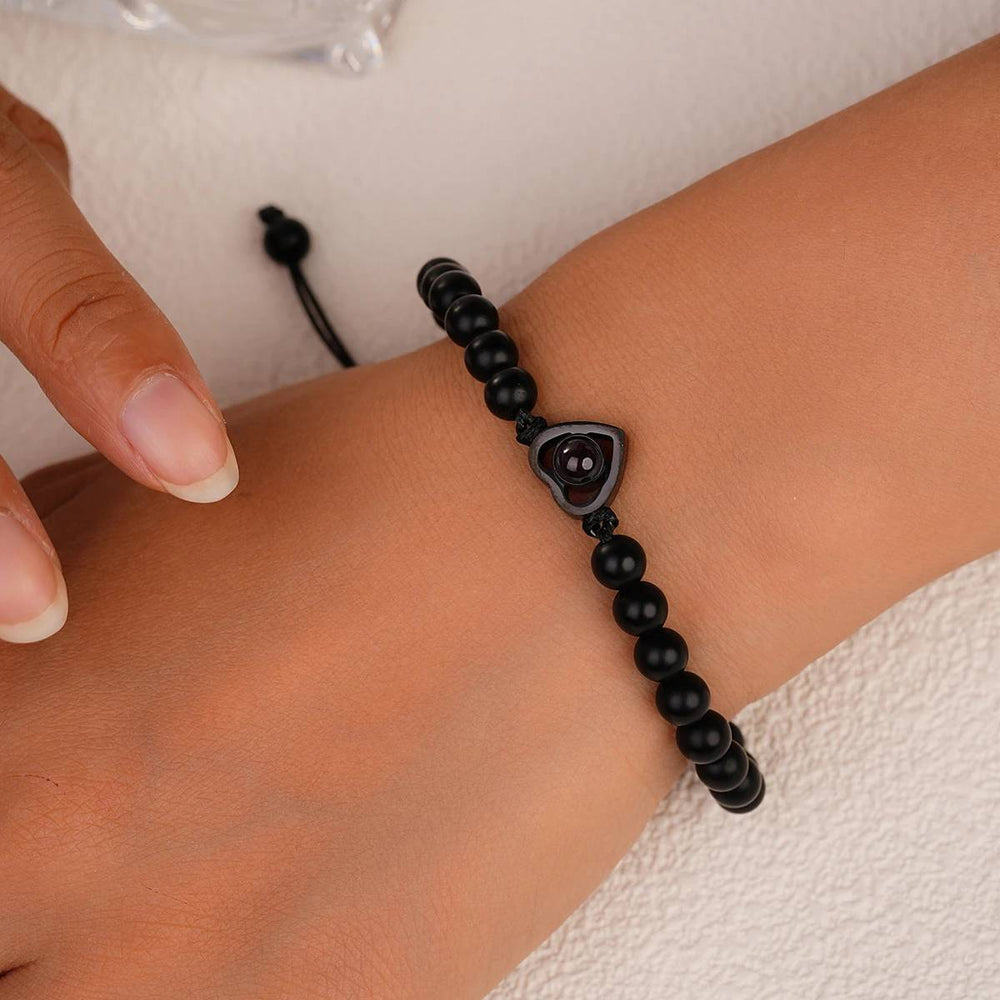 Beaded Heart Photo Bracelet - Amethyst / Black